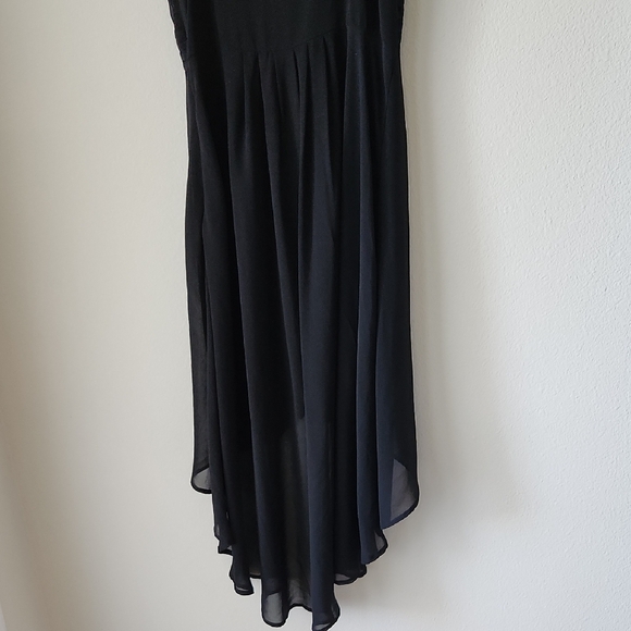 Black Slip Dress Camisole Straps High Low Hem silver tone buttons Pleated Waist - Picture 10 of 16